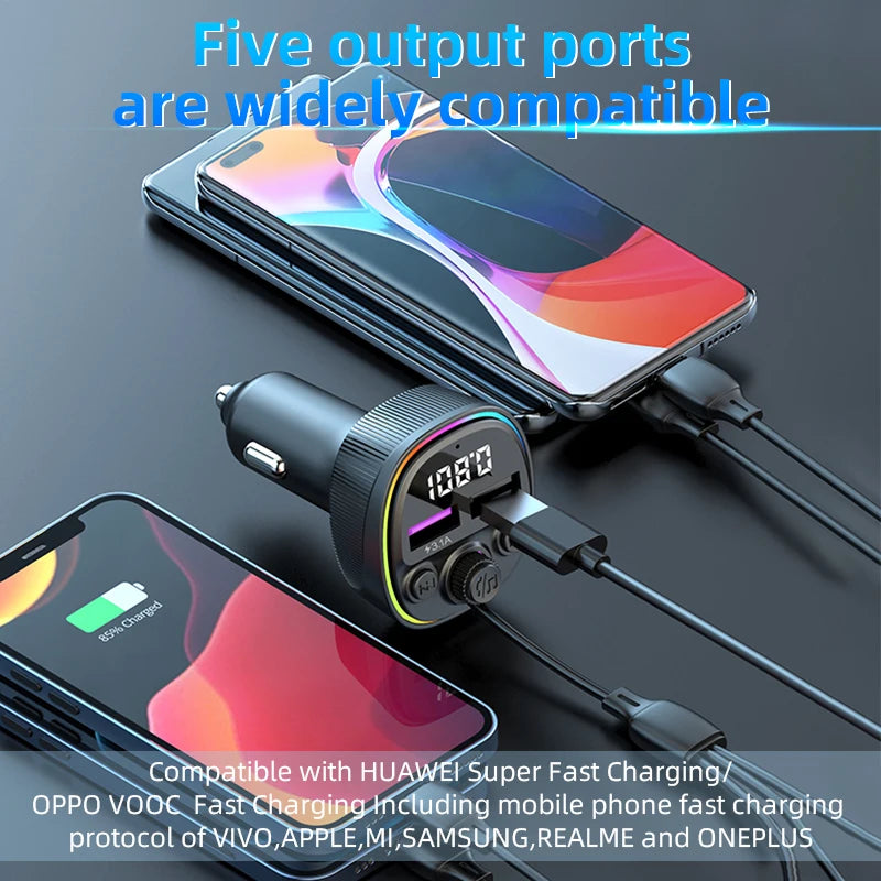 Car Hands-free Bluetooth 5.0 FM Transmitter Car Kit MP3 Modulator Player Handsfree Audio Receiver With 3 in 1 Fast Charge Cable