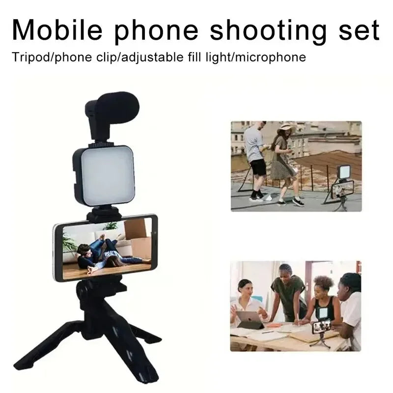 Smartphone Vlogging Kit With Tripod Phone Holder For TikTok Live Stream Video Mini Microphone LED Fill Light Starter - Stereotech