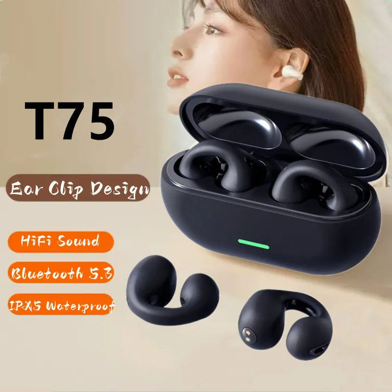 NEW Bluetooth 5.3 Wireless Bone Conduction Headphones T75 Clip Ear Music Noise Canceling Headset HD Call Sports Gaming Earphone - Stereotech
