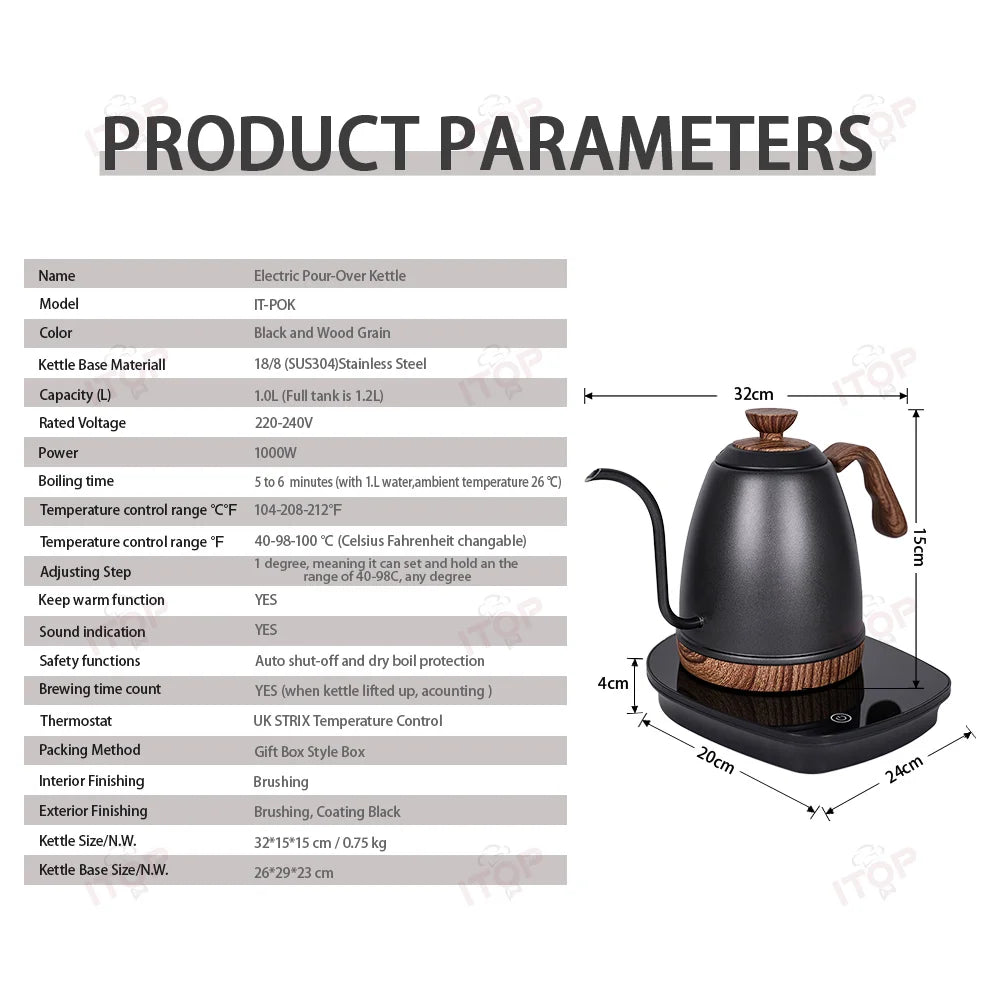 ITOP POK Artisan Electric Gooseneck Kettle to-the-degree Temperature Control Heating Kettle Electric Pour-Over Kettle - Stereotech
