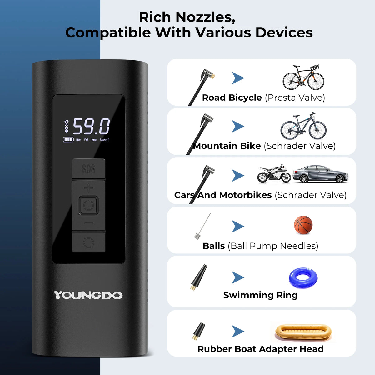 YOUNGDO Car Air Compressor Portable Tire Inflator 150 PSI &amp; 6000mAh Smart Digital Inflatable Pump For Car Bicycle Boat Air Pumps