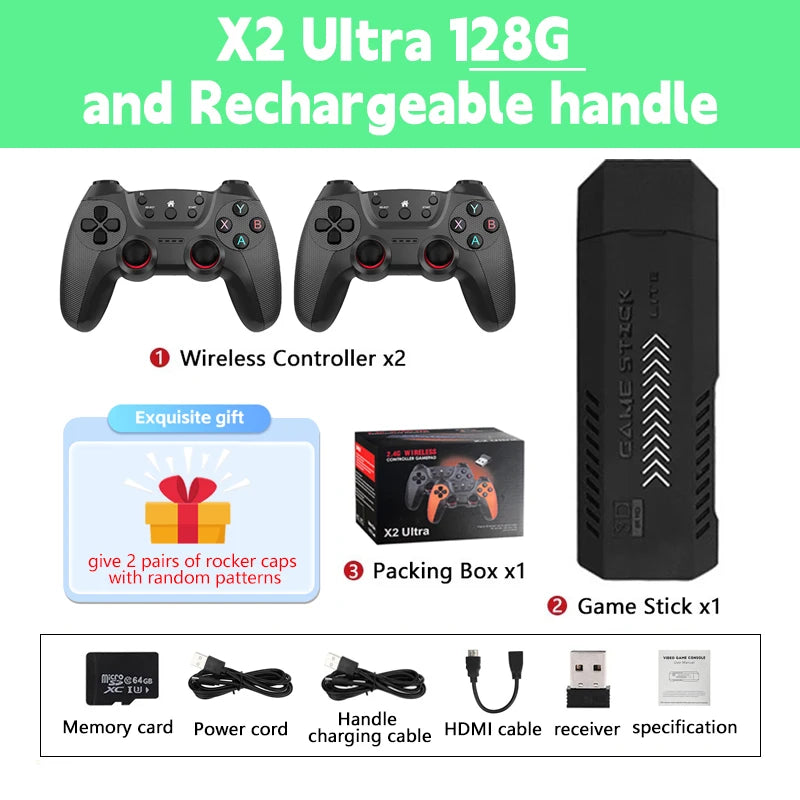 X2 Ultra Retro Game Stick Built-in 37000+ Games 40 Simulators Video Consoles 4K HD TV Handheld Game Player Wireless Game Console