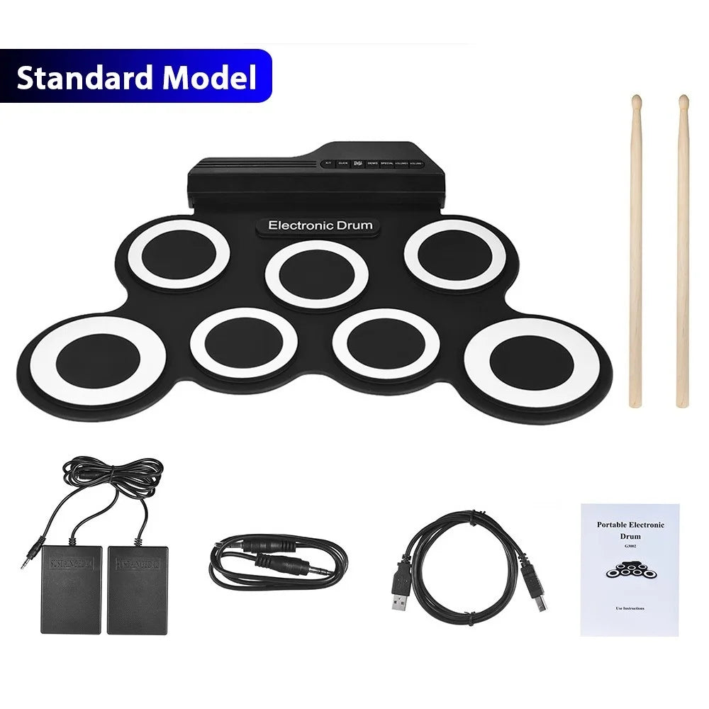 Electronic Drum Set USB Roll-Up Silicon Drums Pad Digital Foldable Electric Portable Compact Size Kit Hand Practice With Pedal