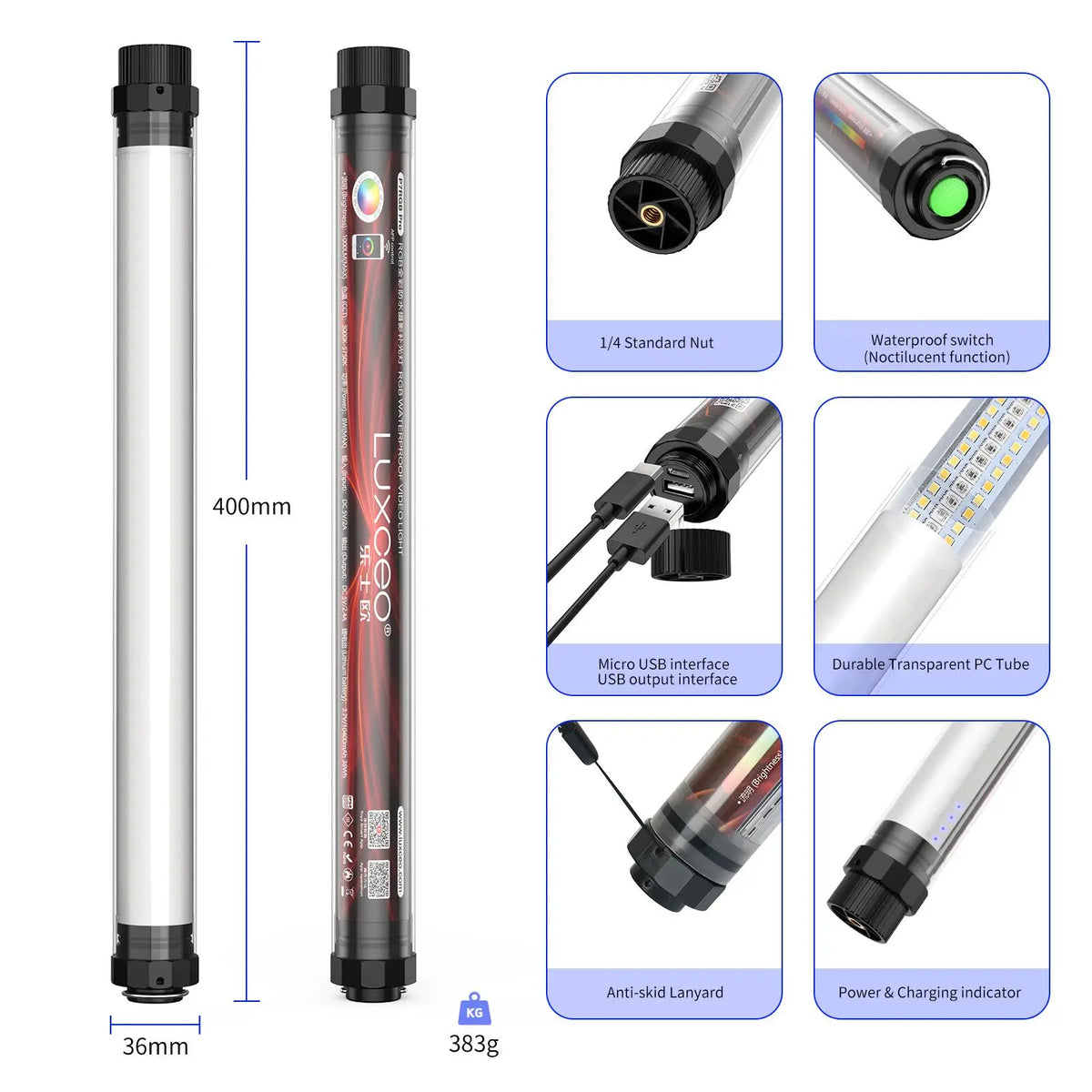 LUXCEO P7RGB PRO LED Video Light Wand Waterproof Lamp 8W RGB Tube APP Control 36000 Colors Photo Lighting Stick for Photography