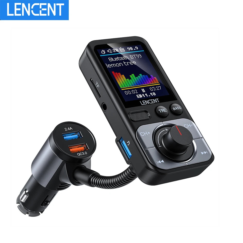 LENCENT FM Transmitter Modulator Car Bluetooth 5.0 with 2USB ports QC3.0  Car Fast Charger MP3 Player Radio Transmitter