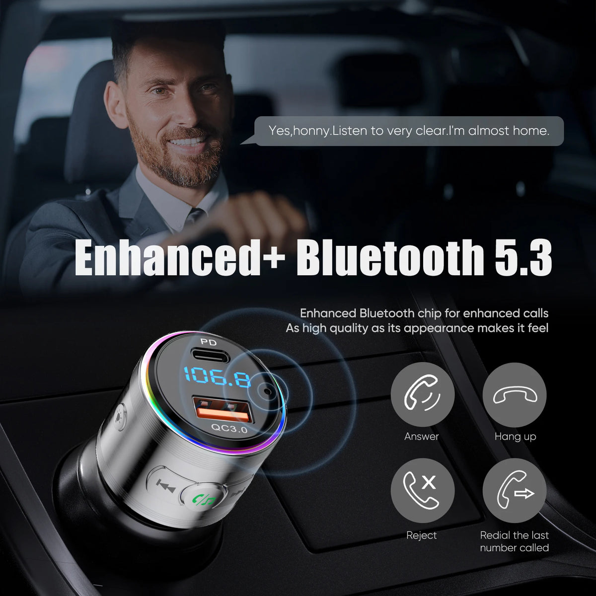 LENCENT Bluetooth 5.3 FM Transmitter Full Metal Bluetooth Car Adapter with PD 20W &amp; QC3.0 Fast Charger Hi-Fi Music Adapter