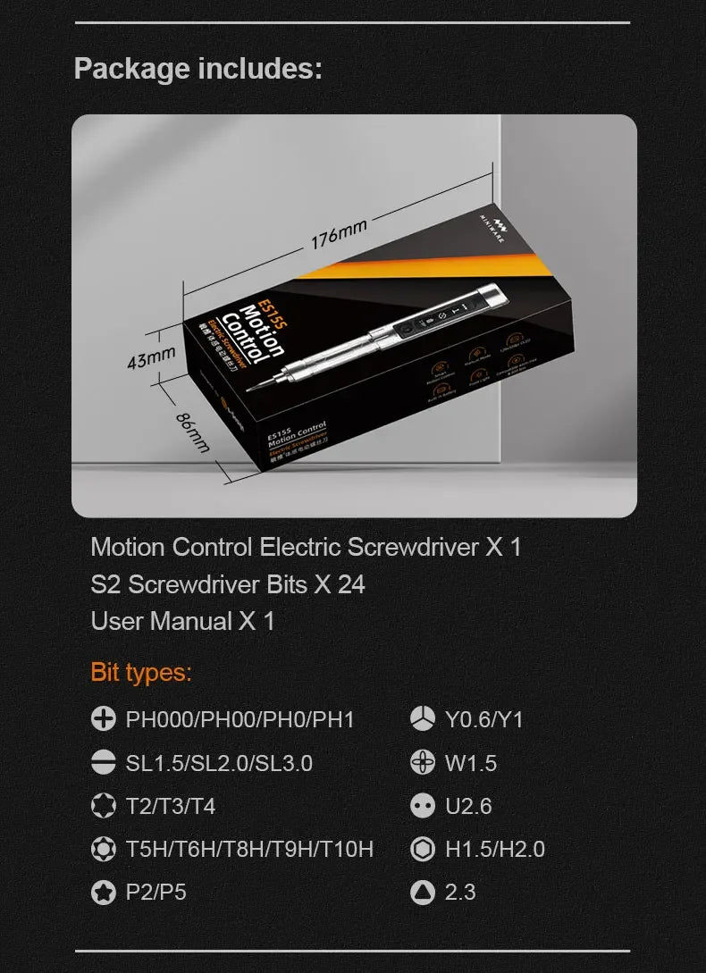 MINIWARE ES15S intelligent Motion Control Electric Screwdriver USB Chargeable Cordless Screwdriver 24pcs 4mm Bit Set LED lights