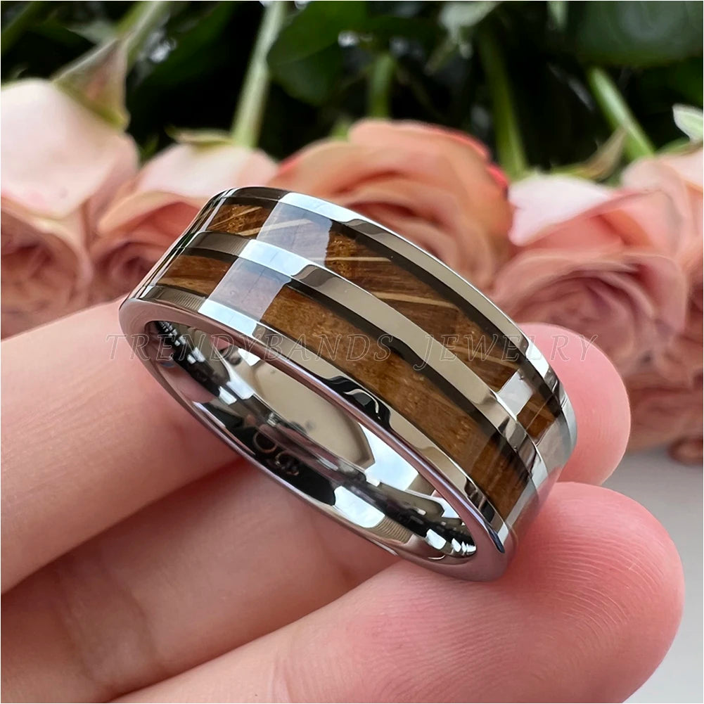 8mm Men&#39;s Women&#39;s Ring Tungsten Wedding Band Couple&#39;s Fashion Jewelry Whisky Barrel Wood Inlay Polished Shiny Comfort Fit