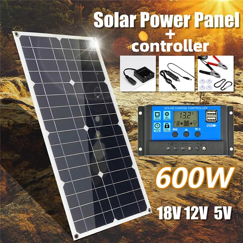 600W Solar Panel 18V Solar Kit Dual USB 12V/5V DC Single Crystal Flexible Solar Charger Suitable For Automotive RV Batteries - Stereotech