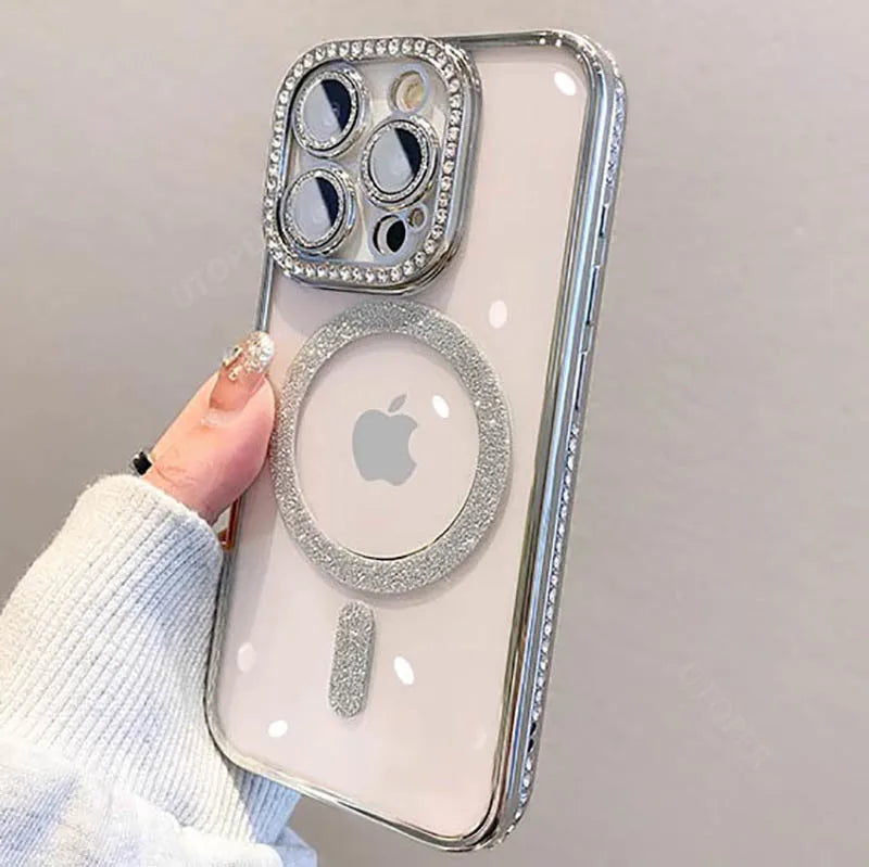 Luxury Magsafe Magnetic Wireless Charging Phone Case For IPhone 11 12 13 14 15 Pro Max Plus New Diamond Lens Protection Cover