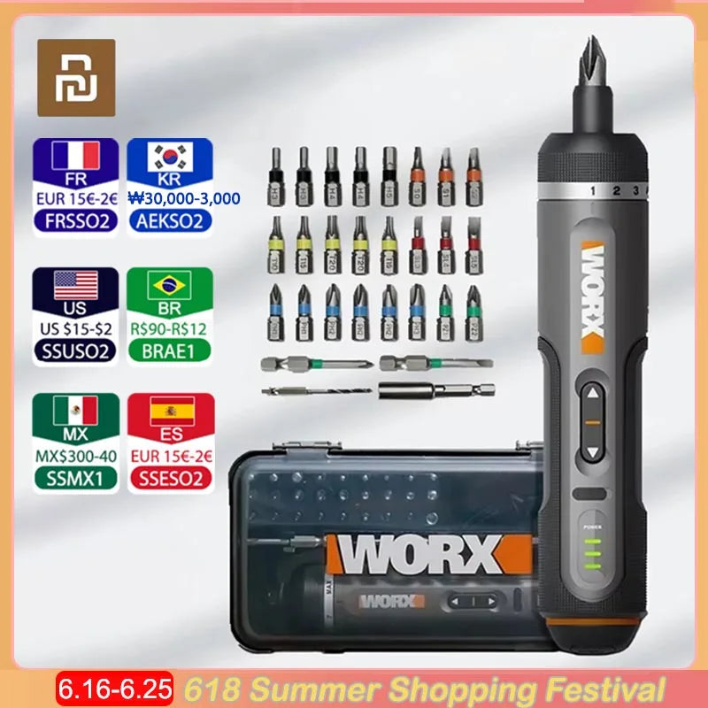 WORX WX242 Mini Electrical Screwdriver Set Smart Cordless Electric Screw Driver Rechargeable With 30 Bit Set Power Drill Tools