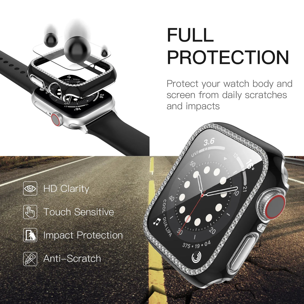 Tempered film+Diamond for Apple watch case 45mm 41mm 44mm 42mm 40mm 38mm Edge glass protective shell For iWatch 9 8 7 6 5 4 3 SE - Stereotech