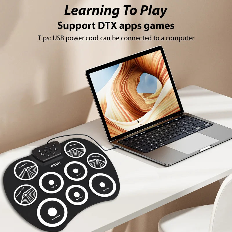 Electronic Drum Set Hand-rolled Drum 9-pad MIDI Interface Supports DTX Games Portable Drum Set Gifts with Drumsticks Pedals