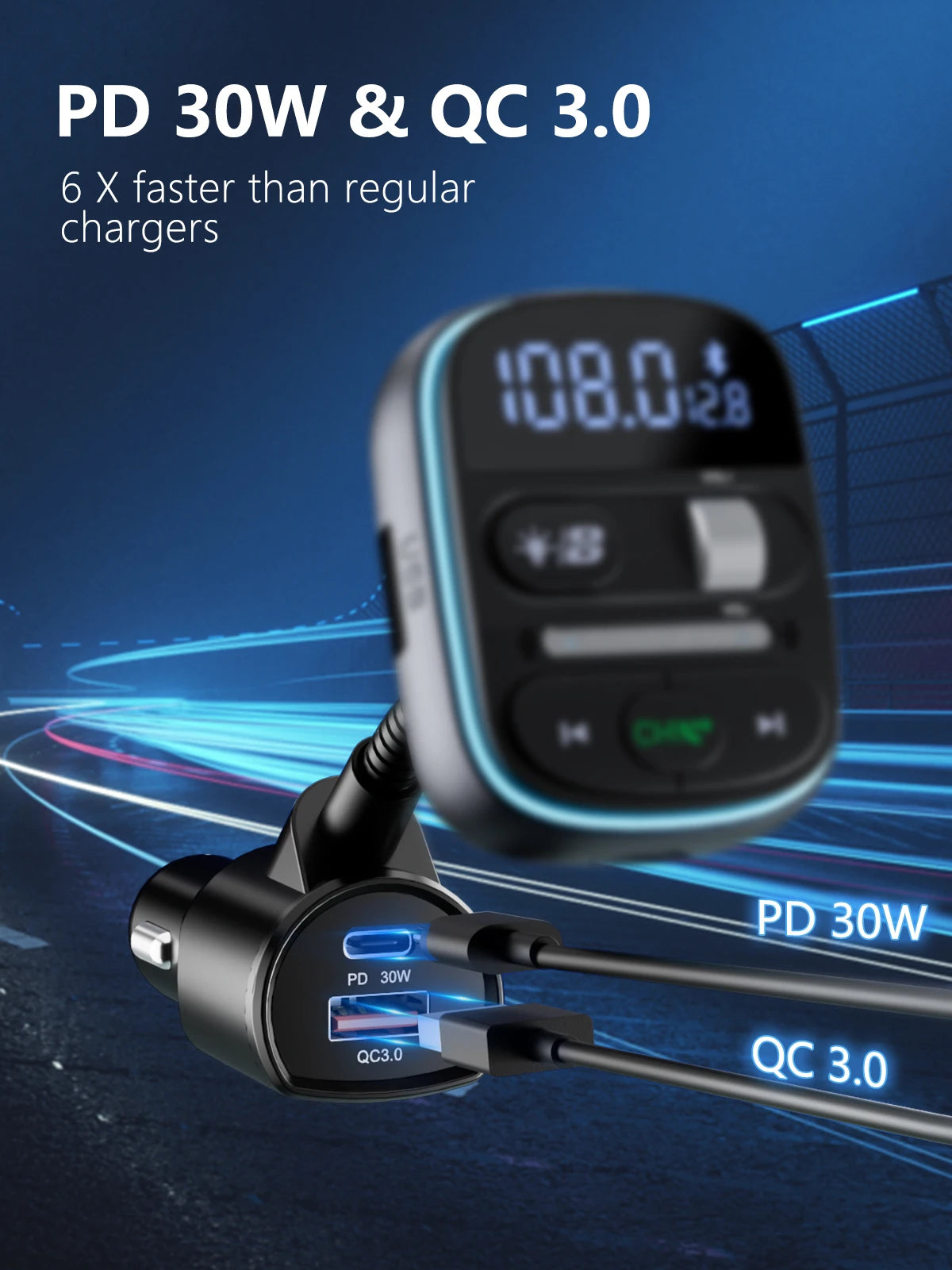 LENCENT Bluetooth 5.0 FM Transmitter Car Adapter with PD 30W &amp; QC3.0 Fast Charger Hi-Fi Music Clear Calling Adapter Car K