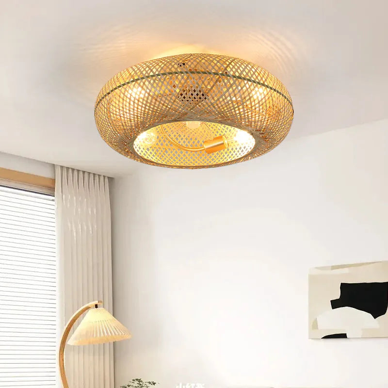 Creative Ceiling Fan with Light Retro Handmade Bamboo Rattan Invisible Fan Lights Modern Ceiling Lamp Inverter Fan Bedroom B&amp;B