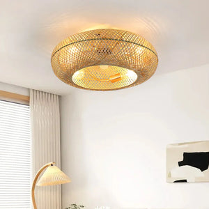 Creative Ceiling Fan with Light Retro Handmade Bamboo Rattan Invisible Fan Lights Modern Ceiling Lamp Inverter Fan Bedroom B&B