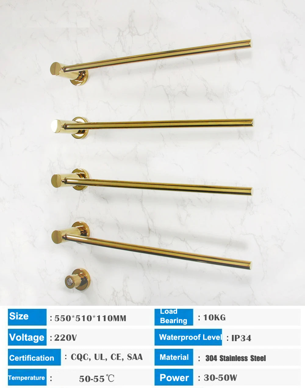 Golden Bathroom Electric Bath Towel Warmer, Hidden Connection, Thermostatic Heating Shelf Rack, Household, 55 ℃, Five-Bar - Stereotech