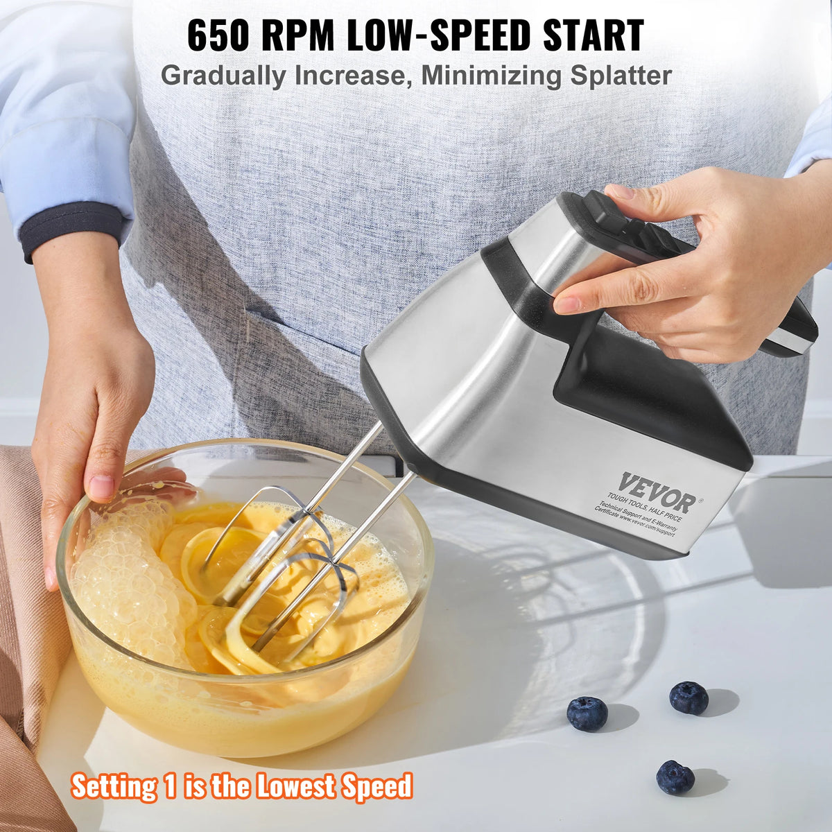 VEVOR Cordless Electric Hand Mixer 100W Continuously Variable Electric Handheld Mixer with Turbo Boost Beaters Dough Storage Bag - Stereotech