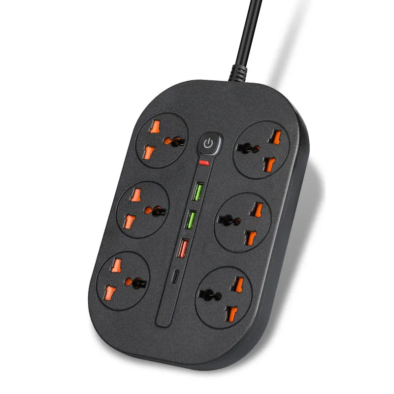 Power Strip EU UK US Plug Surge Protector Socket 2m Extension Cord with 3 USB 1 Type-C Ports 6/8 Jacks Universal Outlet for Home