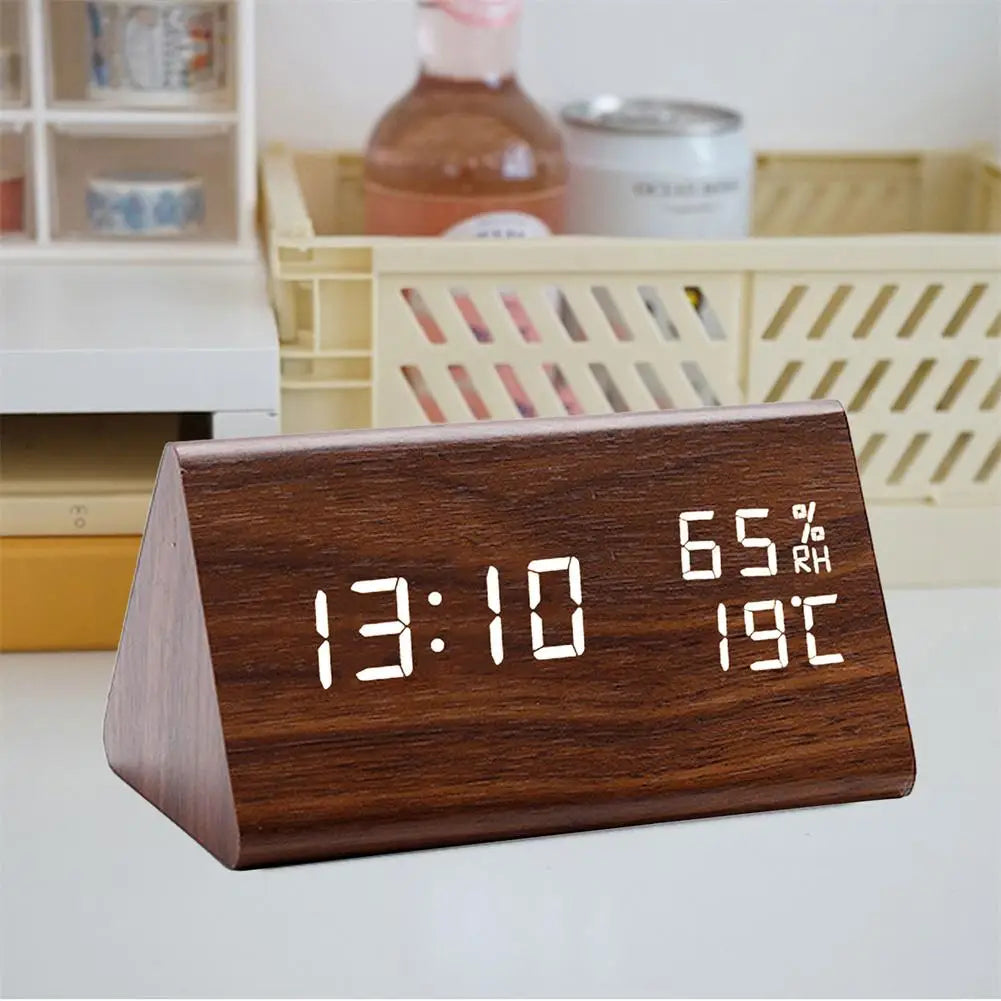 Digital Alarm Clock Desktop Wooden Snooze LED Clocks Sound Control Electronic Display Clock Thermometer Home Decor Gift