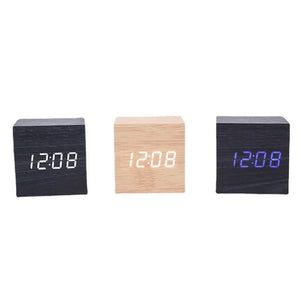 Digital Alarm Clock Wooden Alarm Clock USB/Battery Powered, Mini Cube LED Digital Clock with Time/ Date/ Temperature Display