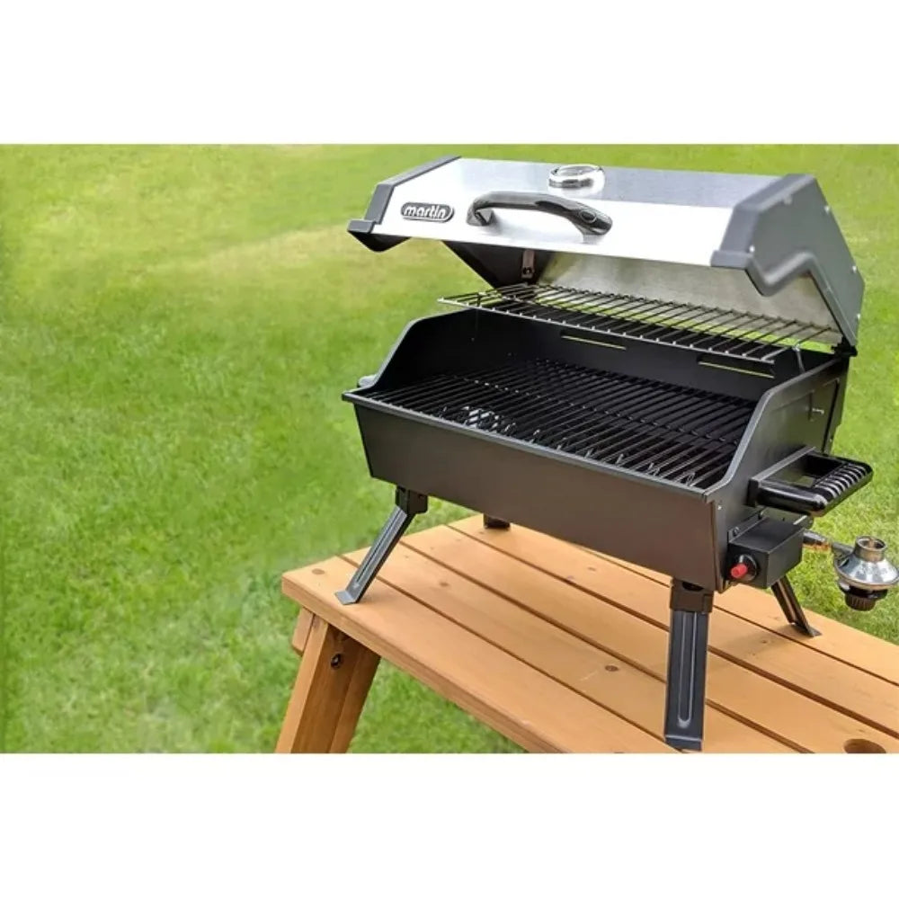 Barbecue Grill Portable Propane Gas Grill - 14000 BTU Tabletop BBQ with Porcelain Grate Folding Support Legs and Grease Pan Bar - Stereotech