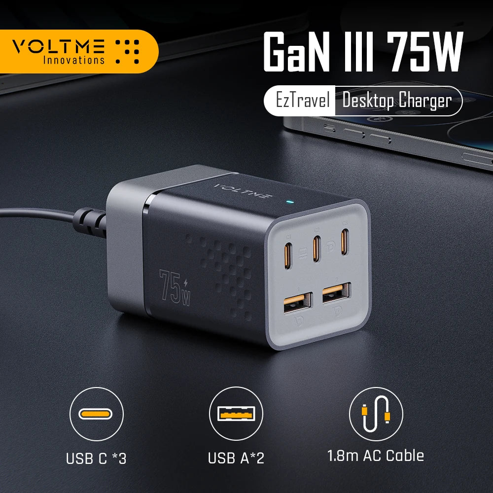 VOLTME 75W Quick Desktop Charger Laptop Fast Charger 5 in 1 Adapter for iPhone 15 Pro Galaxy S23 Ultra Protable Charging Station