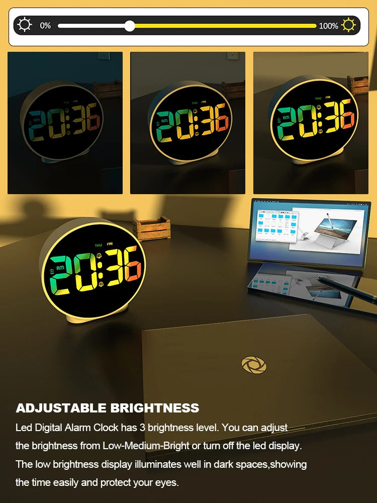 Aierwill N16 Round Alarm Clock with Snooze Calendar 12/24H Week Digital LED Tables Clock for Bedrooms Bedside Desk Shelf