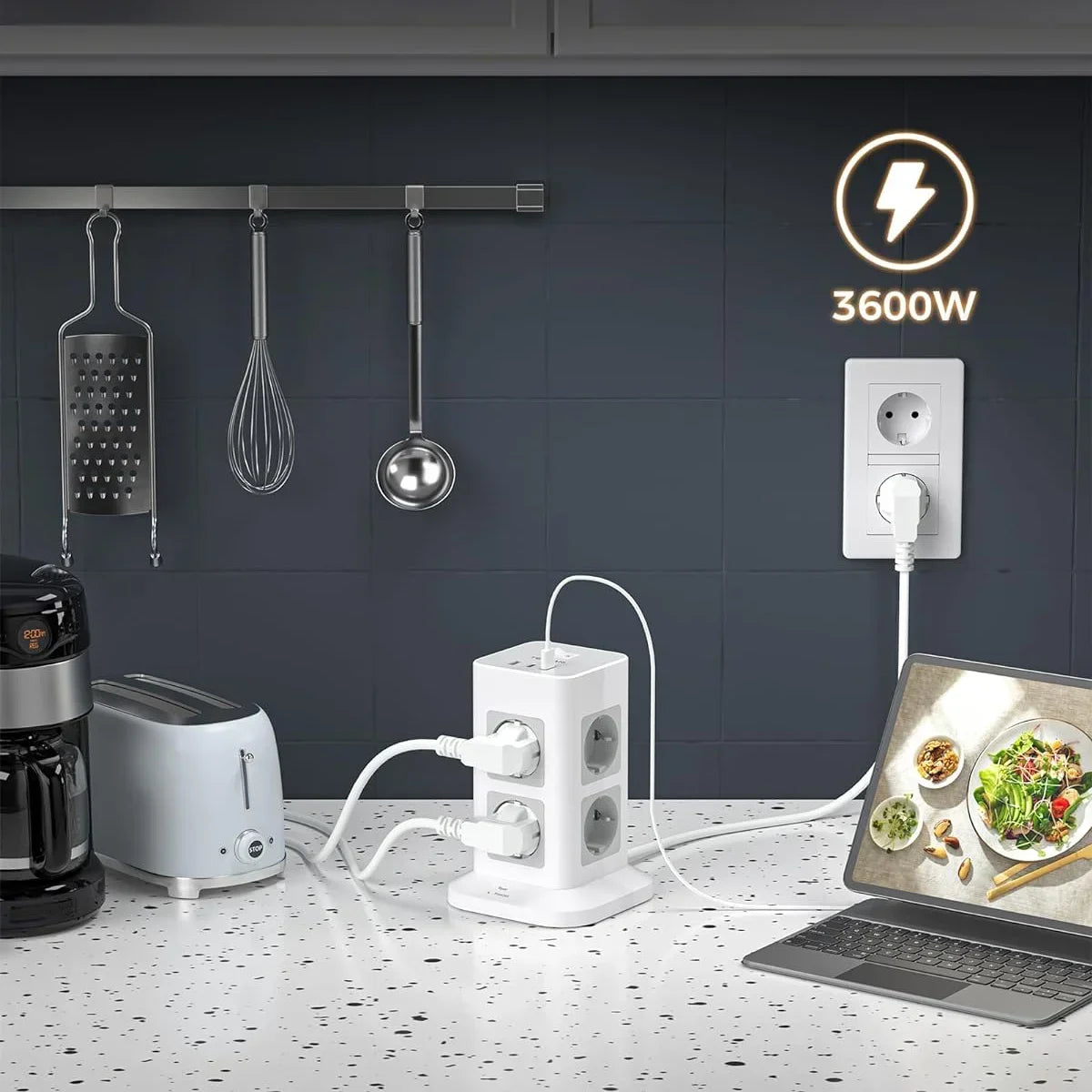 TESSAN Multiple Socket Power Strip with 8 Outlet +1 USB +2 Type C Vertical Tower Socket with 2M Extension Cord Surge Protection