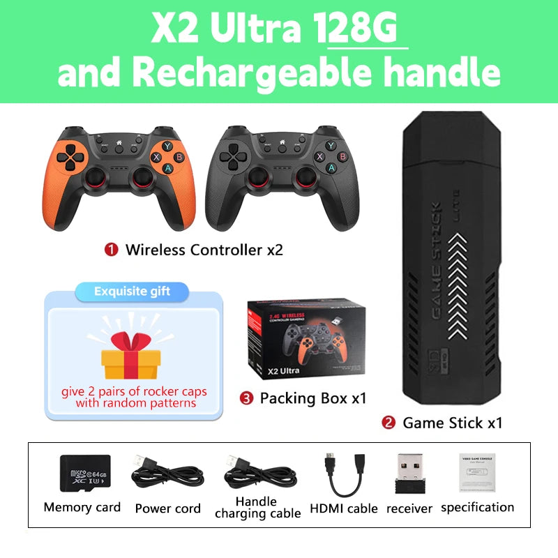 X2 Ultra Retro Game Stick Built-in 37000+ Games 40 Simulators Video Consoles 4K HD TV Handheld Game Player Wireless Game Console