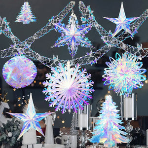 Iridescent Shiny Rainbow Honeycomb Snowflake Xmas Tree Star Fan Curtains for Birthday Party Wedding Christmas Decor Wholesale