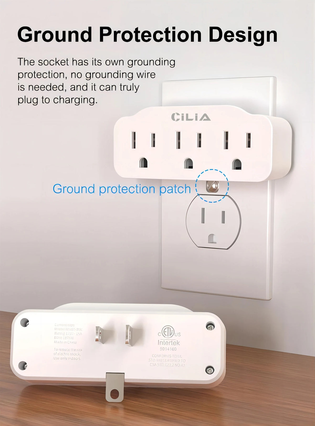 CILIA 3 Outlet Extender Grounded Wall Adapter,outlet splitter,us plug,3AC,125V,15A,1875W，white/black,for home,office electrical