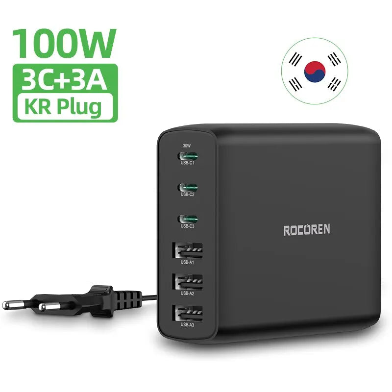 Rocoren 100W USB Charger Type C PD Fast Charging Multiple 6 Ports Desktop Charger Station For iPhone 14 13 Pro Xiaomi POCO