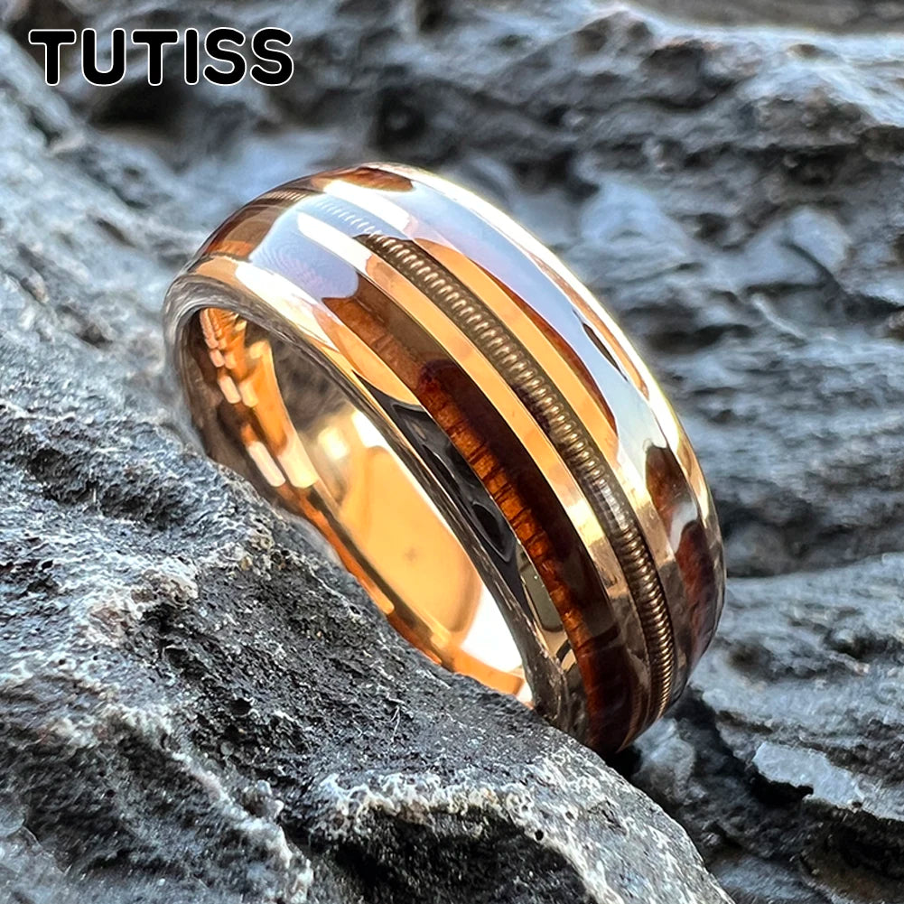 TUTISS 8mm Men&#39;s And Women&#39;s Tungsten Ring Dome With Three Grooves Inlaid With Rosewood And Guitar Strings For a Comfortable Fit