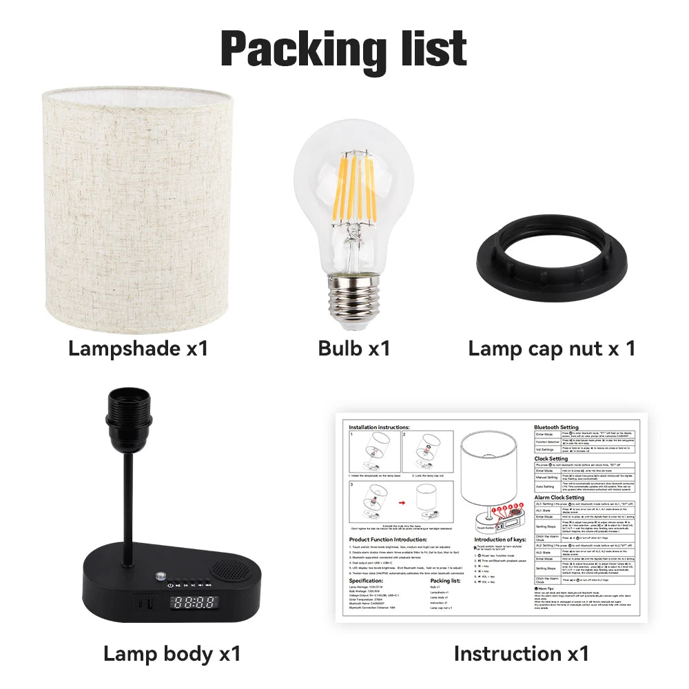 Bedside Table Lamp with Bluetooth and Alarm Clock Function Fabric Music Player Table Lamp Three Color Adjusted for Living Room