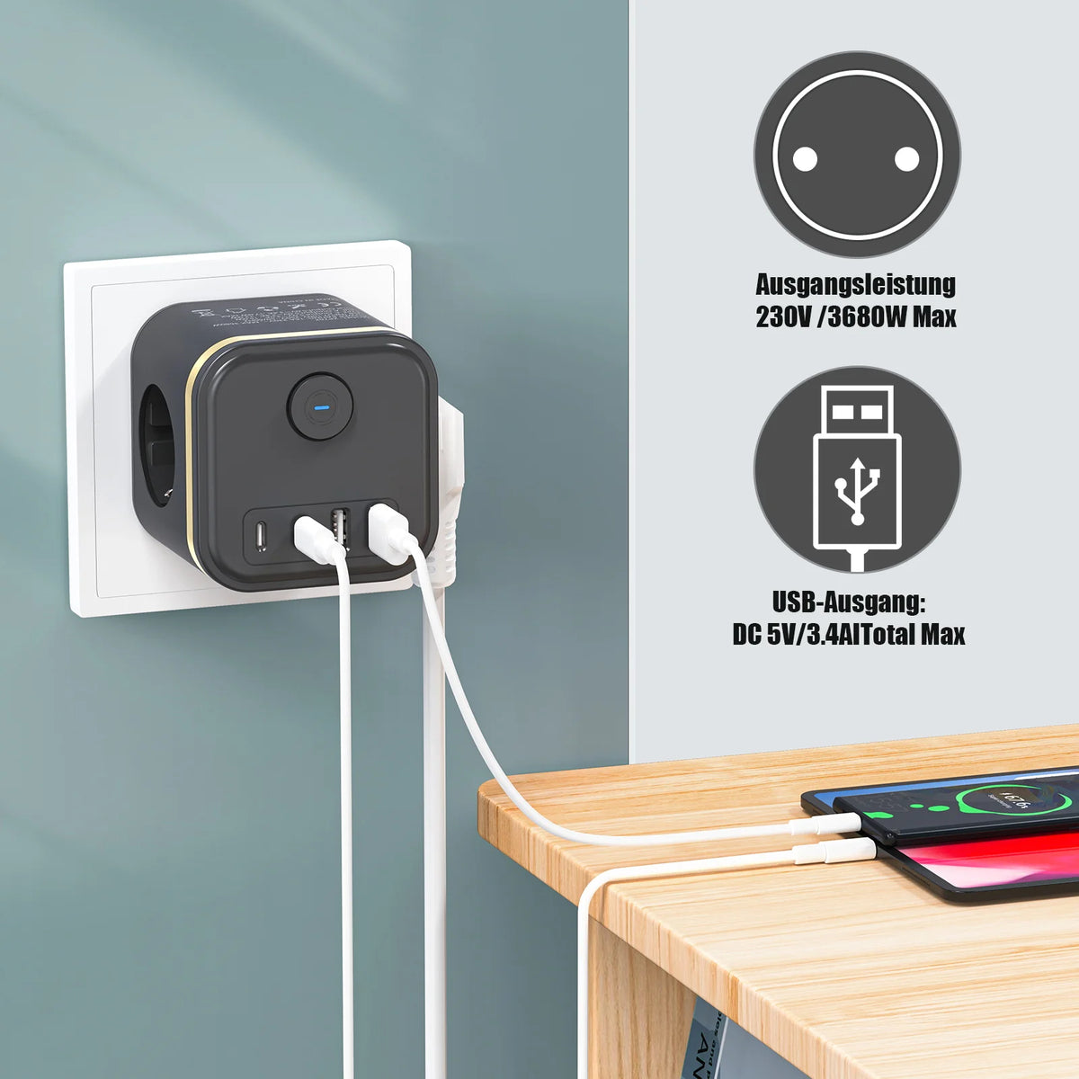 European plug wall socket power strip with 3 AC outlets, 2 USB and 2 Type-C ports fast charging extender with indicator switch