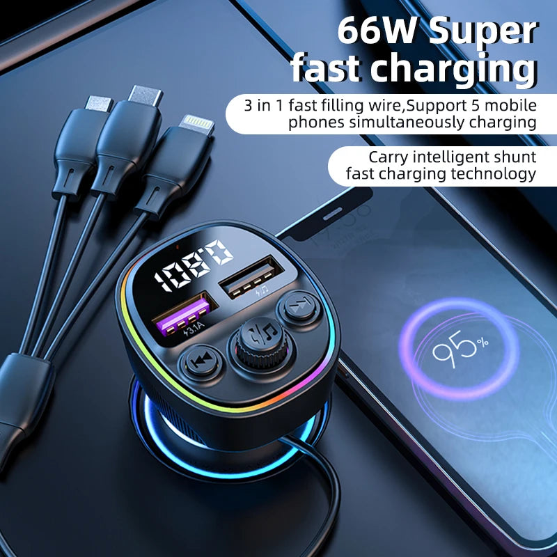 Car Hands-free Bluetooth 5.0 FM Transmitter Car Kit MP3 Modulator Player Handsfree Audio Receiver With 3 in 1 Fast Charge Cable