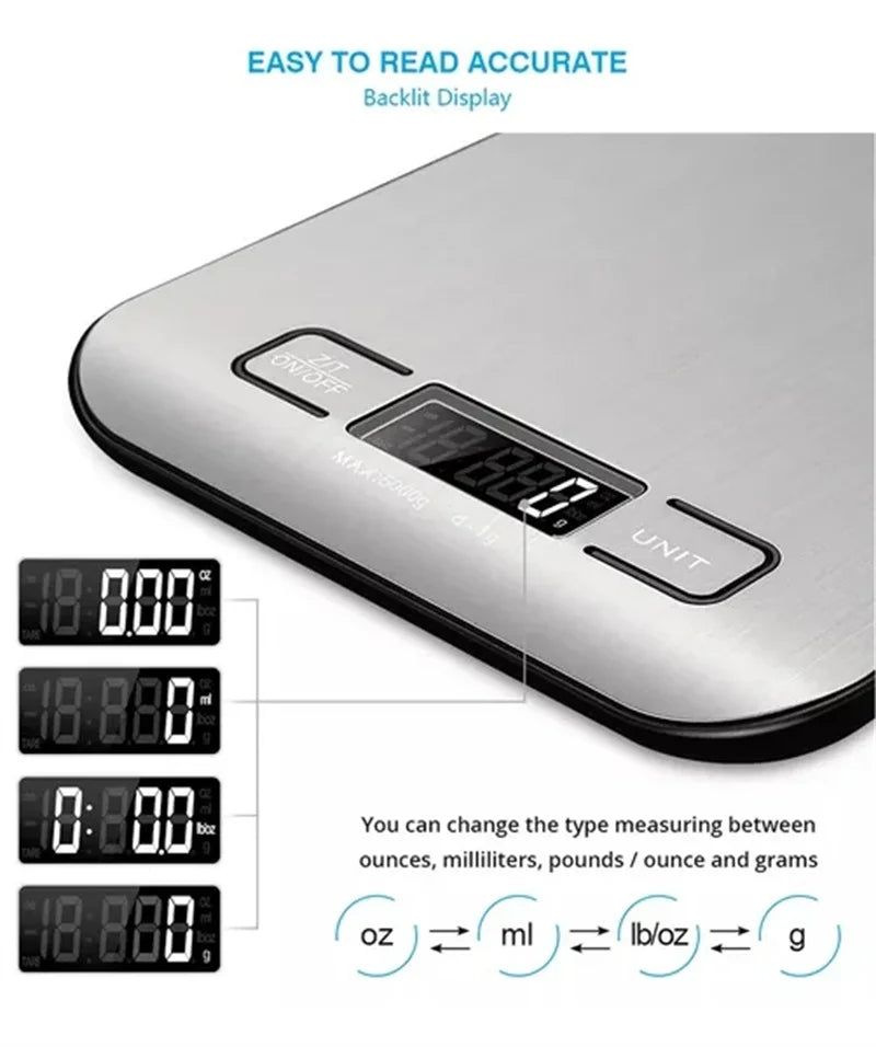 Digital Kitchen Scale 5kg/10kg Stainless Steel Panel USB Charg Precise Small Platform Scale Portable Multifunction LCD Display - Stereotech