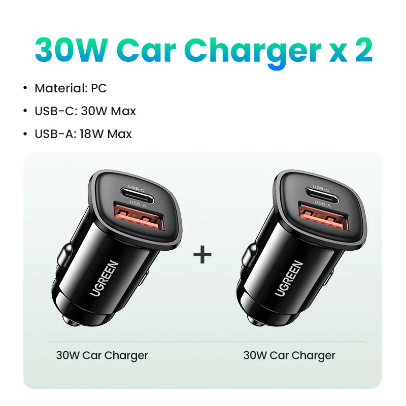 UGREEN Car Charger 30W PD Quick Charge QC4.0 3.0 SCP Type C Fast USB Car Charger For iPhone 14 13 12 Xiaomi Mobile Phone Charger