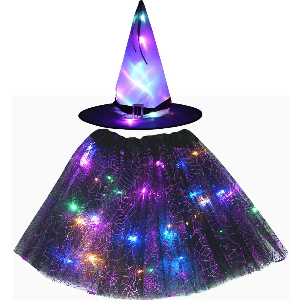 Women Girl Kids Glow Wizard Witch Hat Spider Web Cobweb Skirt Tutu Costume Party Led Clothes Birthday Gift Candy Bag Halloween