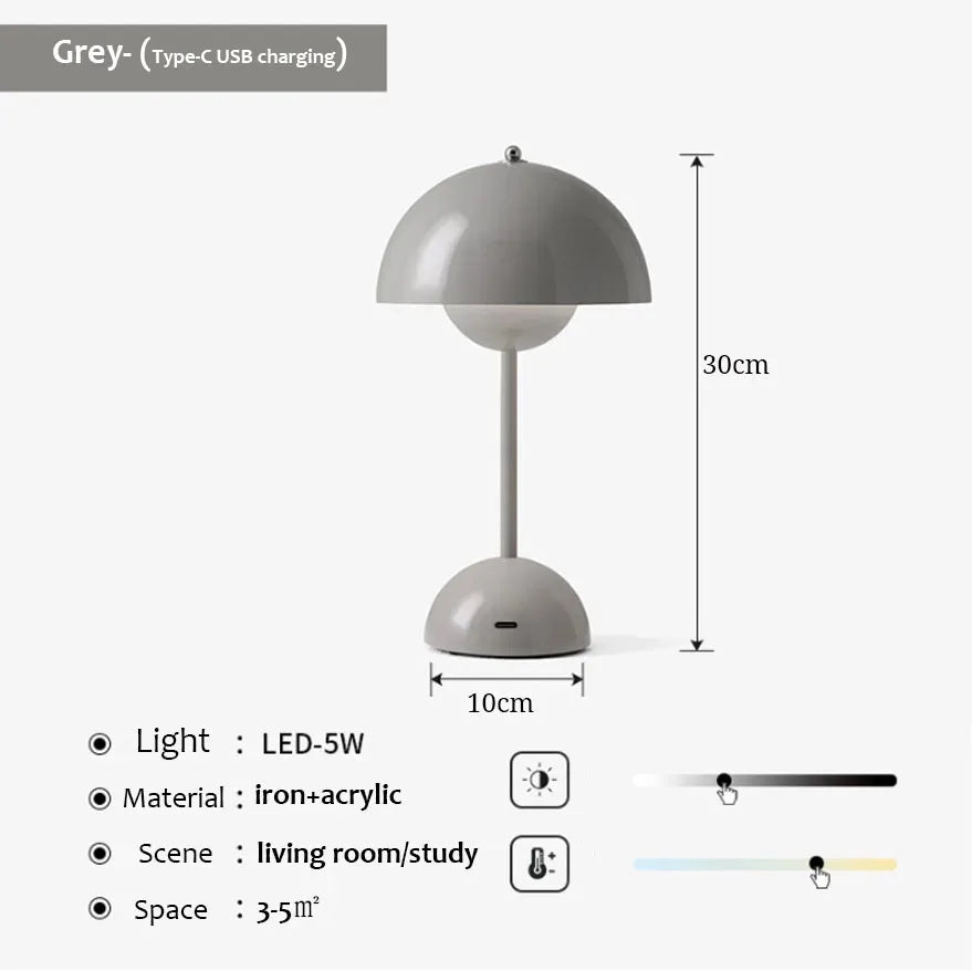 Nordic LED Table Lamp Mushroom Desk Light Type-C Rechargeable Top Touch Switch Lantern Room Decoration Night Lights for Bedroom
