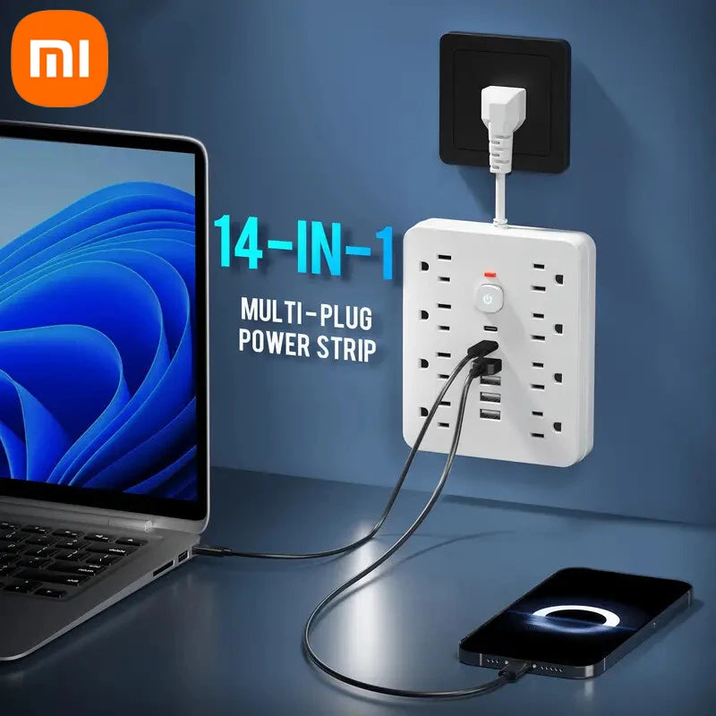 Xiaomi Multi-function Power Strip 14 in 1 Socket Travel Wall Plug 8 Sockets 4 USB 2 Type-C Ports US Power Socket 1.5M 3M