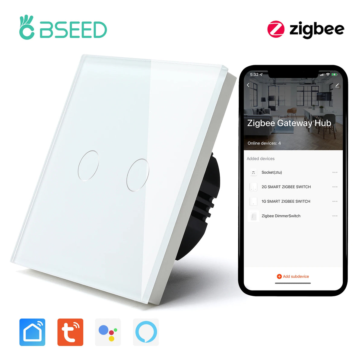 BSEED Zigbee 1/2/3 Gang 1 Way Smart Switch Single Live LED Buttons Glass Panel Work With Google Home EU Touch Switch Smart Life