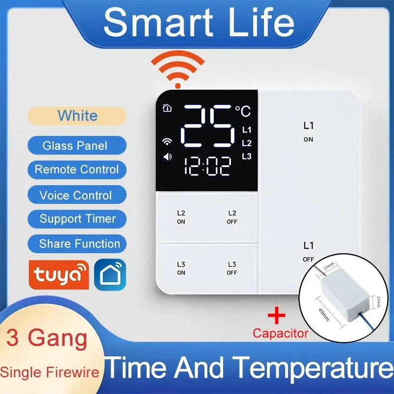 Tuya Smart Wifi Switch With temperature time display function 100-250V 1/2/3 Gang Wall Light Button Switch Timing remote control