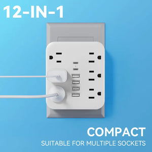 12-in-1 With 6 AC Sockets, 4 USB, 2 Type-C Ports Wall Outlet Extender - Safe, Portable, And Space-Saving Power Solution