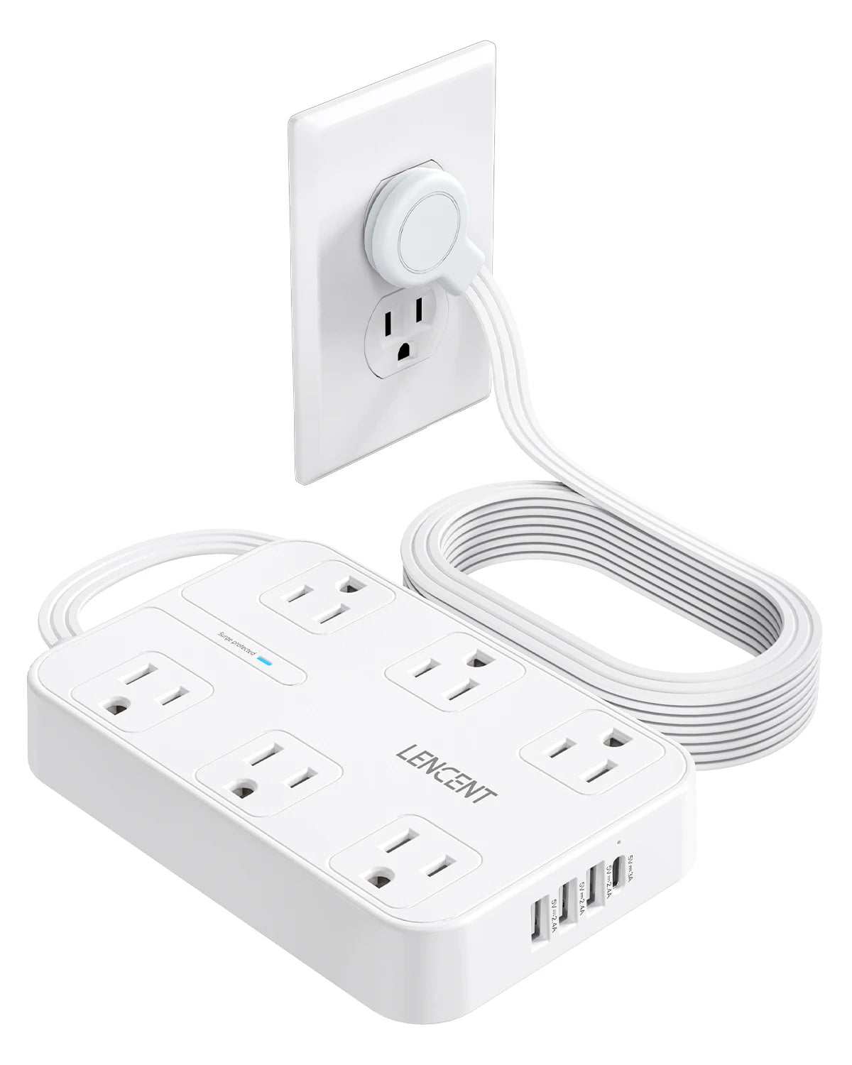 LENCENT 3 Prong Power Strip with 6AC Outlets 3 USB Port 1 Type C 6FT Thin Extension Cord  Surge Protector On/Off Switch for Home