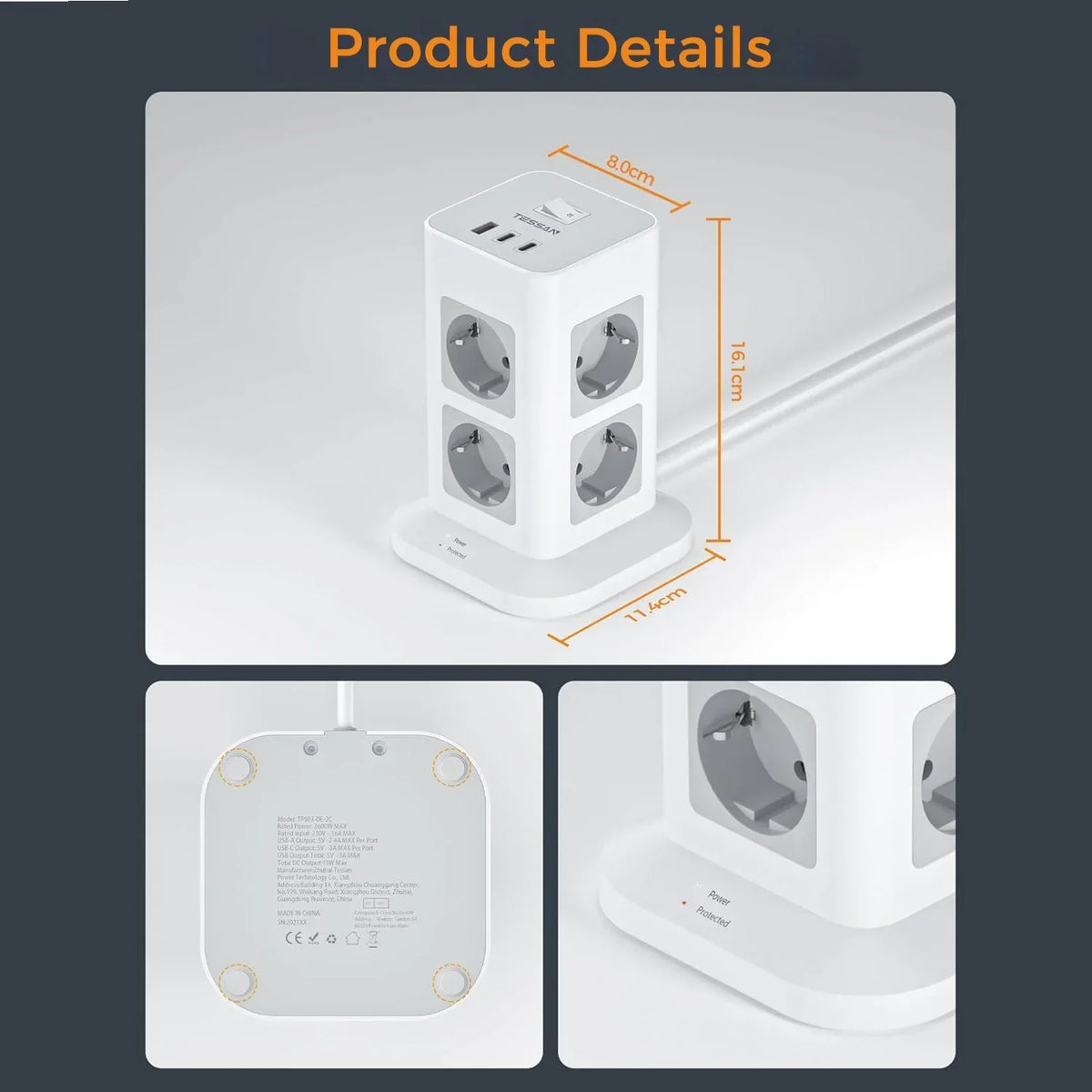 TESSAN Multiple Socket Power Strip with 8 Outlet +1 USB +2 Type C Vertical Tower Socket with 2M Extension Cord Surge Protection
