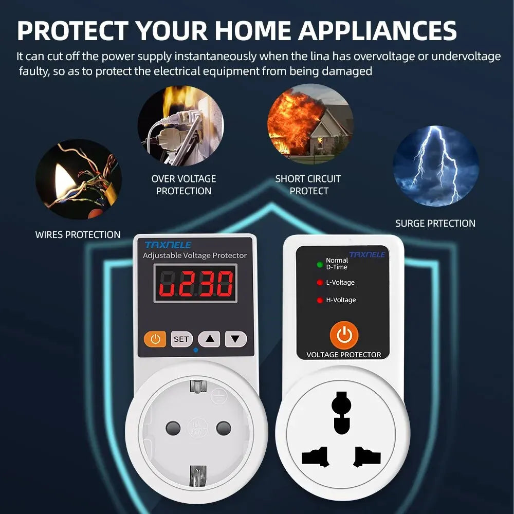 Voltage Protector Socket Automatic Universal/US/EU/UK Plug AC 220V 16A Adjustable Power Surge Voltage Safe Protector