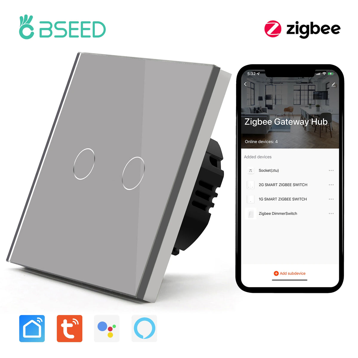 BSEED Zigbee 1/2/3 Gang 1 Way Smart Switch Single Live LED Buttons Glass Panel Work With Google Home EU Touch Switch Smart Life
