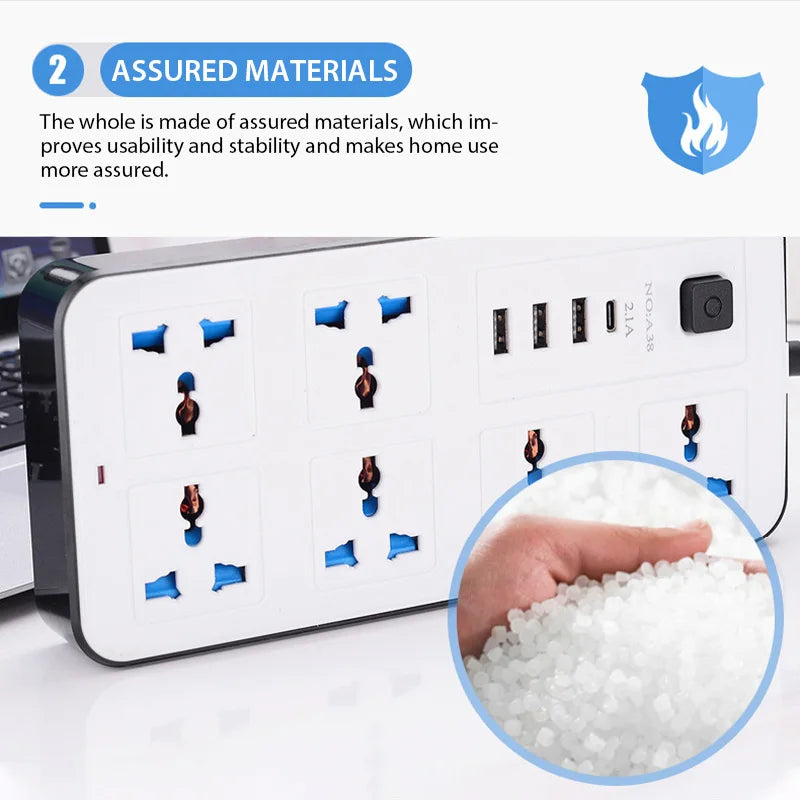 Power Multi Tap Universal Plug EU US UK Outlet Power Strip with 2m Extension Cord AC Type C USB Port Charge Electrical Socket